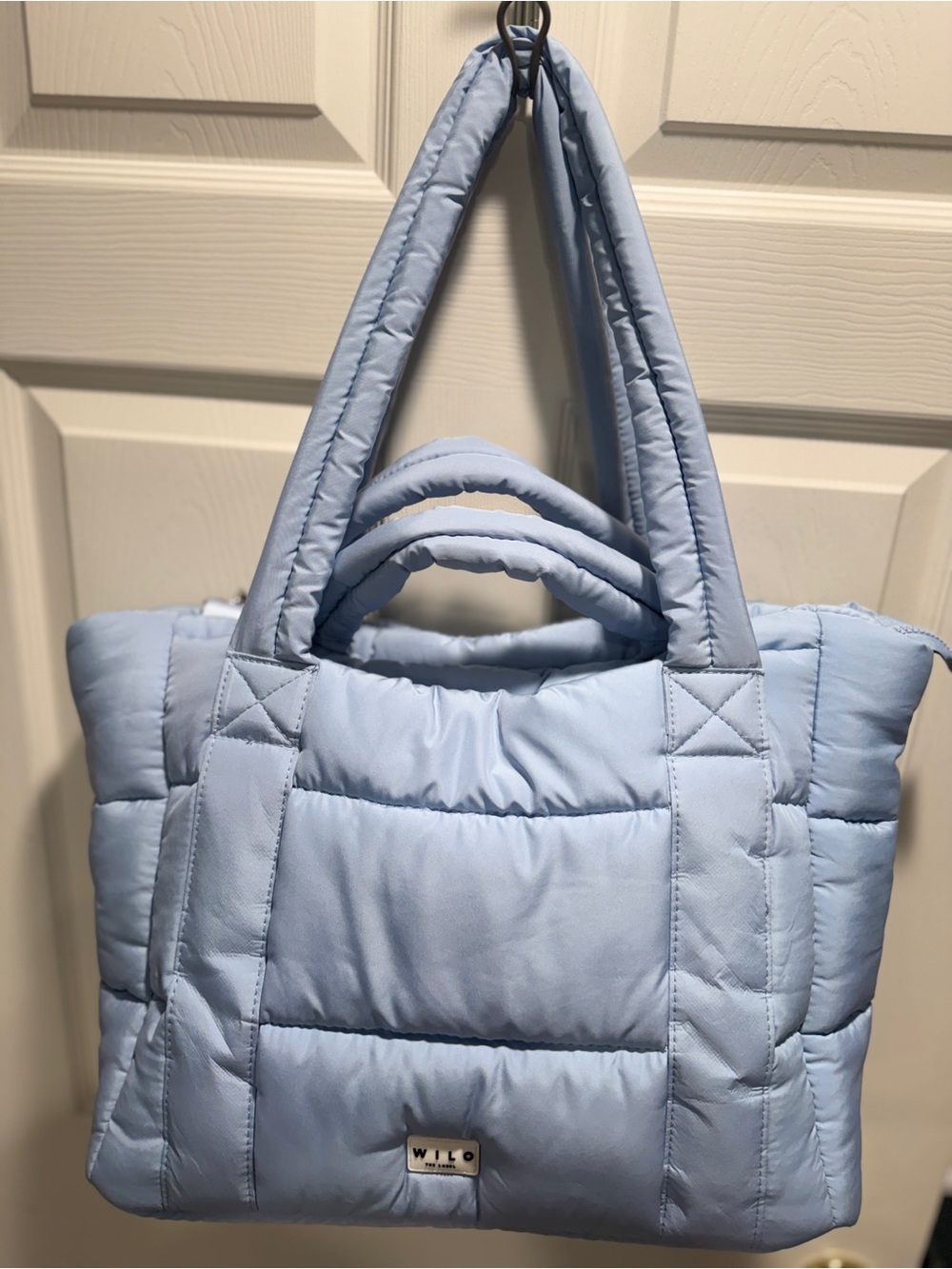 WILO The Label Light Blue Quilted Puffer Tote Bag Large Travel Gym Shoulder Bag